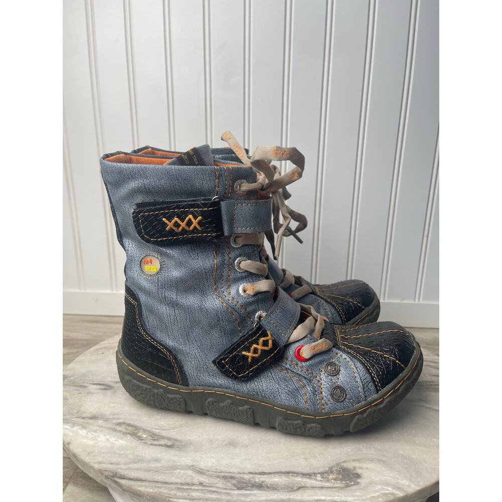 TMA EYES Hand-Stitched Washed Leather Ankle Boots Blue Orange US 8 Goblincore